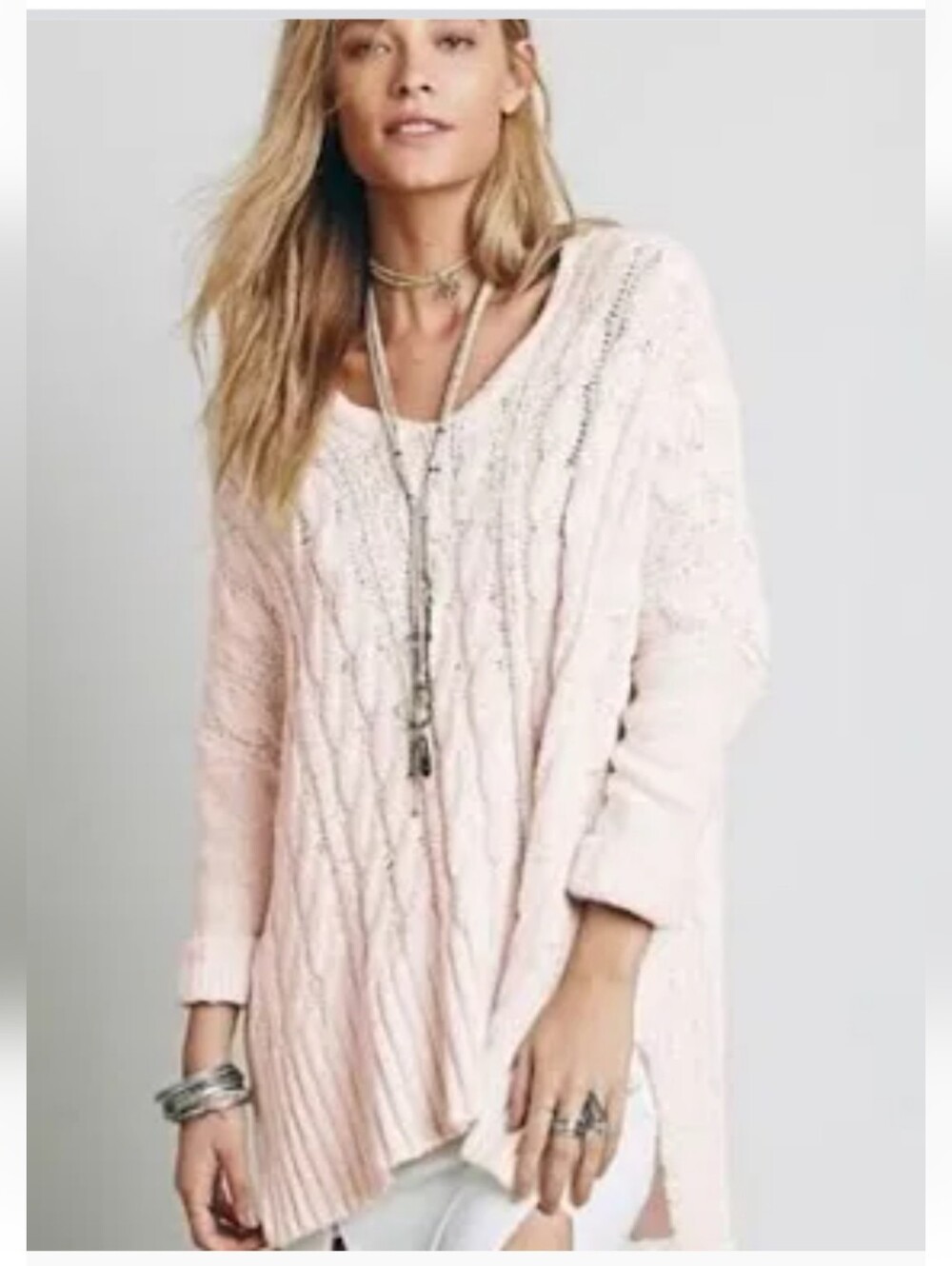 Free People Cozy Cream Cable Knit V-Neck Sweater Dress